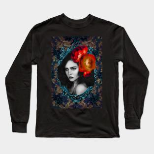 Luscious Red Flower Girl Portrait Artwork Wall Art Unique Digital Illustration Long Sleeve T-Shirt